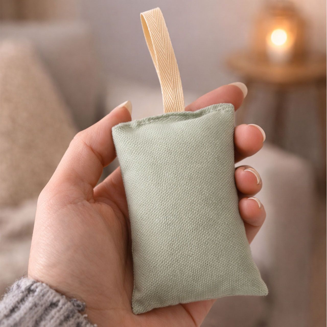 Ein kleiner, hellgrüner Stoffbeutel mit einer Schlaufe, der in einer Hand gehalten wird.