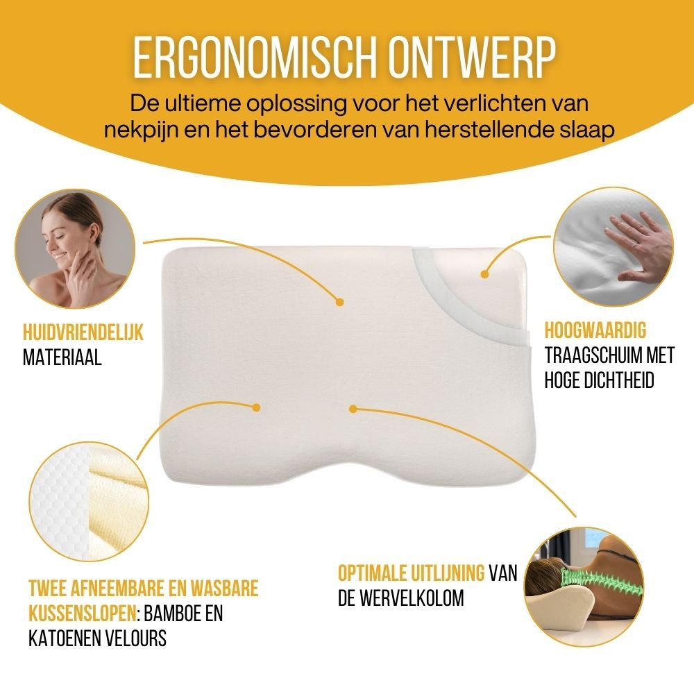 Infographic. Nekkussen. Tekst: Ergonomisch Ontwerp. Huidvriendelijk materiaal. Twee afneembare hoezen. Traagschuim.