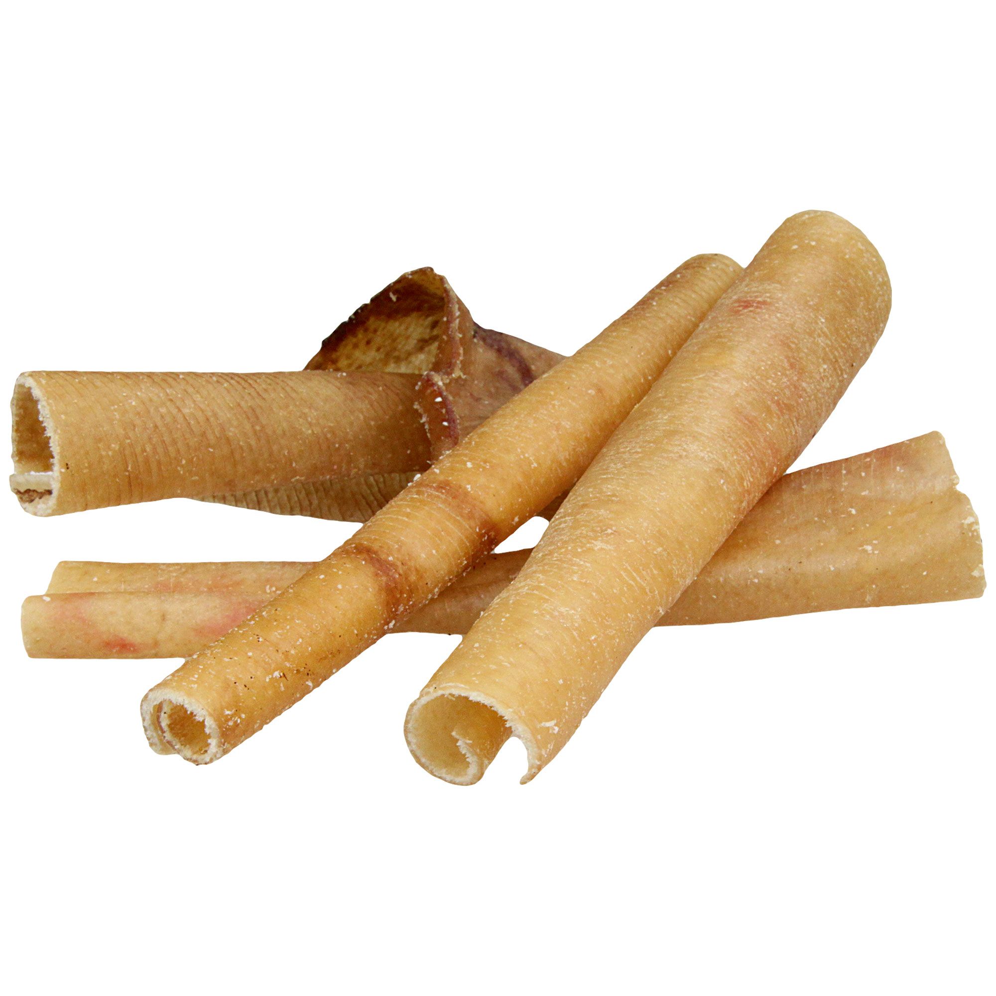 Gerollte Schweinehaut-Sticks. Helle, beige Farbe. Einige Stücke sind angeschnitten.