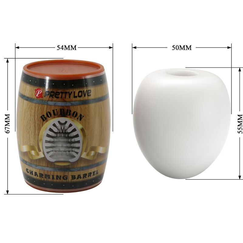 Masturbator in Fassform und Eiform mit Maßangaben. Fass: 67x54mm. Ei: 55x50mm. Aufschrift: Pretty Love, Bourbon, Charming Barrel.