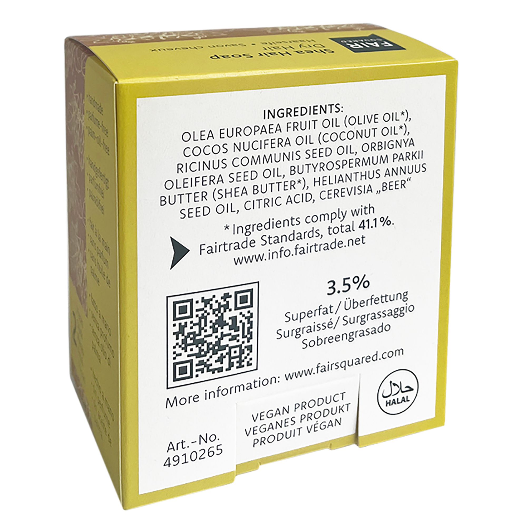 Gelbe Schachtel mit Zutatenliste, QR-Code und Fairtrade-Logo. Text: Veganes Produkt. Halal-Siegel.