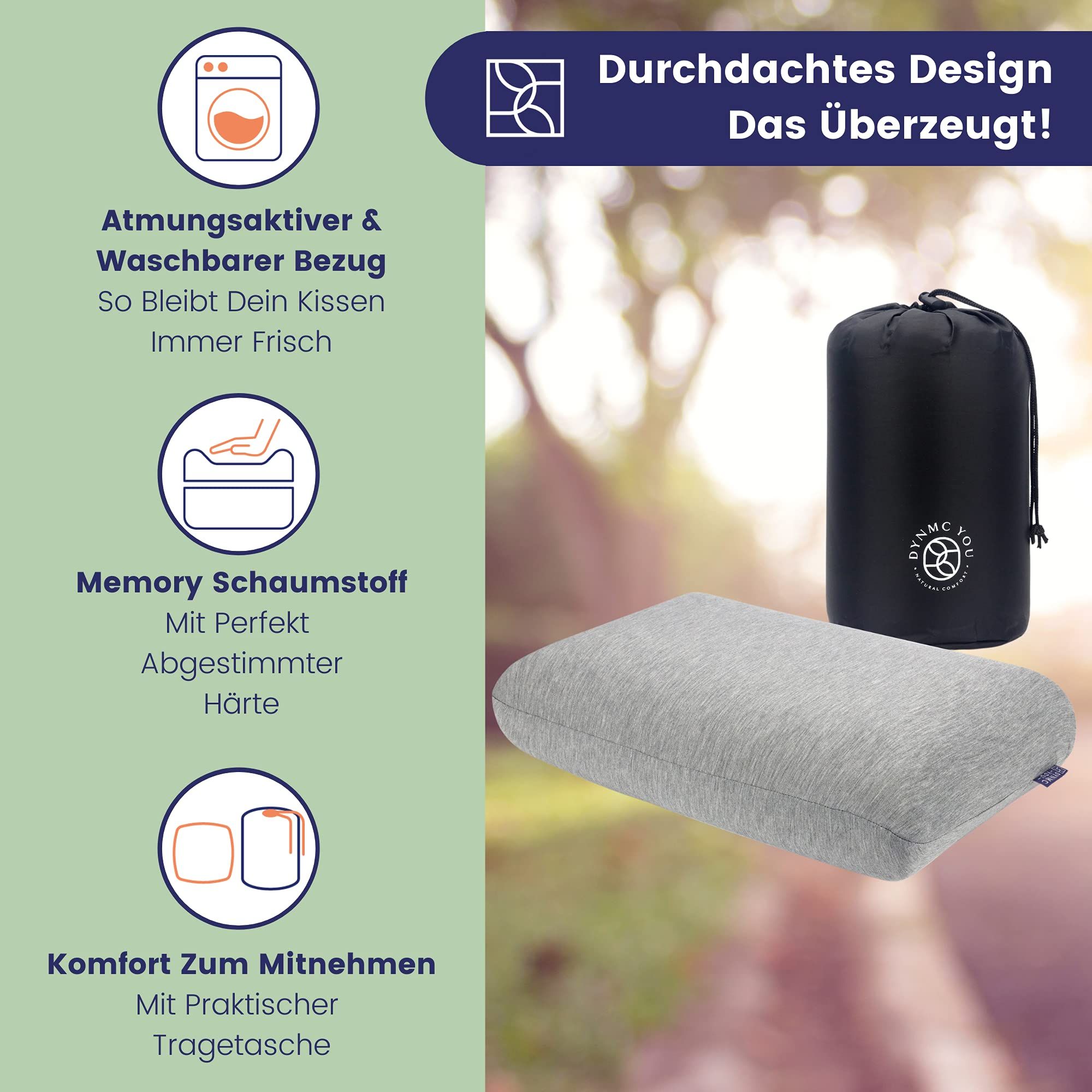 Graues Reisekissen und schwarze Tragetasche. Text: Atmungsaktiver & waschbarer Bezug, Memory Schaumstoff, Komfort zum Mitnehmen.