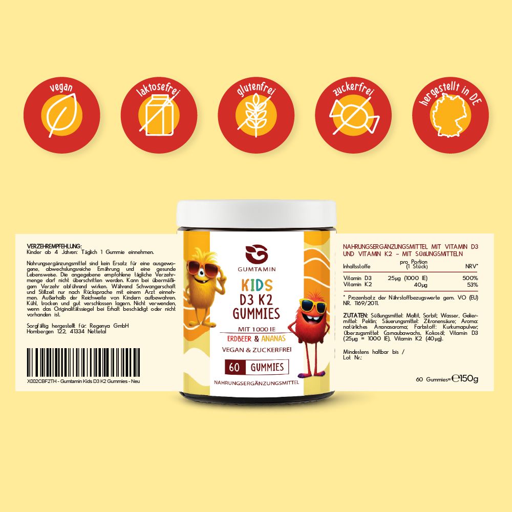Dose Gumtamin Kids D3 K2 Gummies mit Etikett. Text: 60 Gummies, Erdbeer & Ananas Geschmack, vegan, zuckerfrei. Verschiedene Qualitätssiegel.