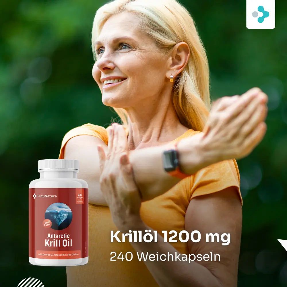 FutuNatura Krillöl 1200 mg Weichkapseln, 240 Stück. Frau dehnt sich.