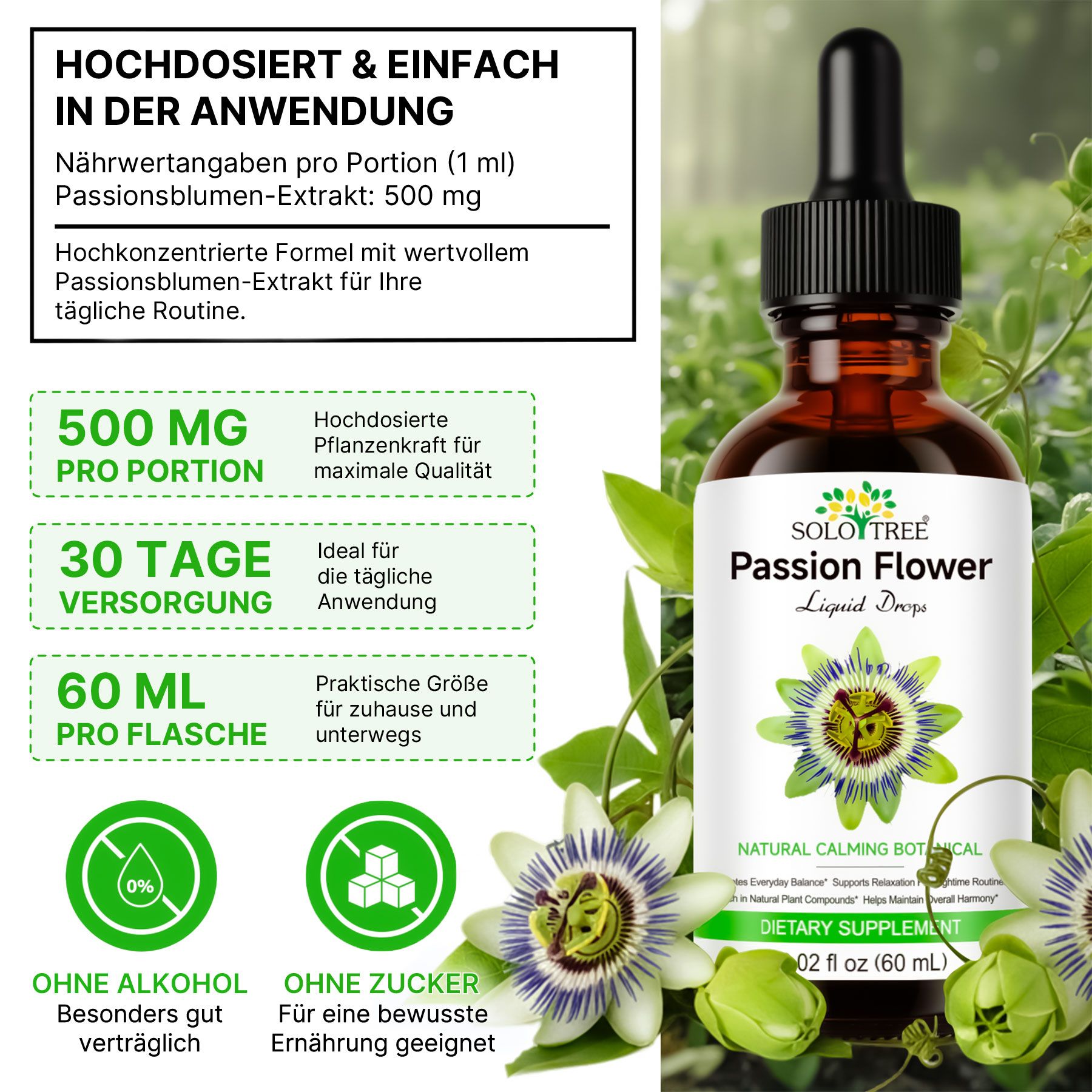 Eine Flasche 'Passion Flower Liquid Drops' mit Informationen zu Dosierung und Inhaltsstoffen.