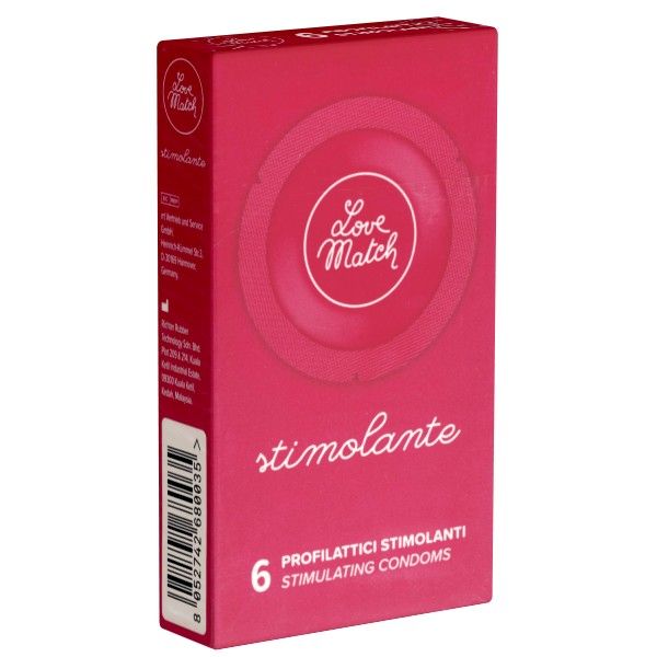 Boîte rose avec logo et texte blancs. Contient 6 préservatifs. Inscription : Stimolante, Profilattici Stimolanti, Stimulating Condoms.