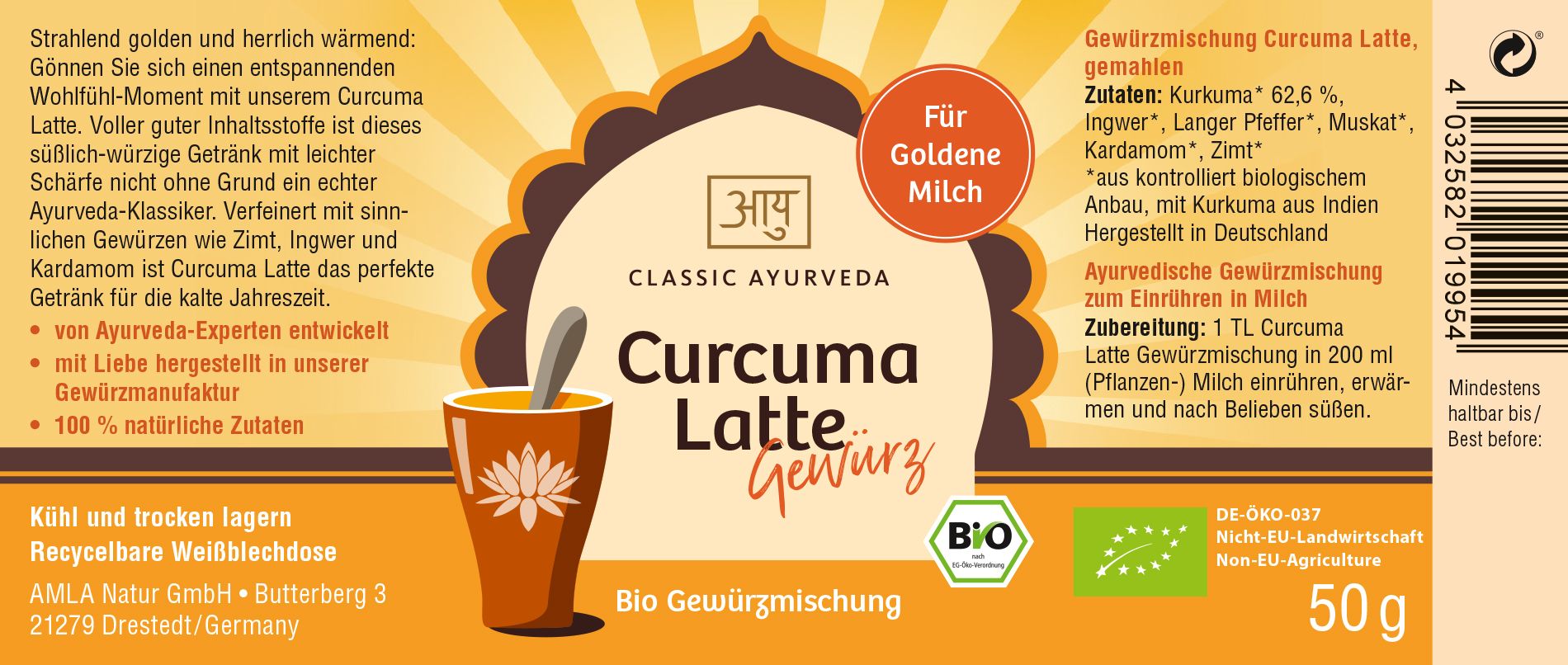 Etikett mit Text: Classic Ayurveda Curcuma Latte Gewürz. Bio-Siegel. Zutatenliste. Text: Für Goldene Milch. 50g.