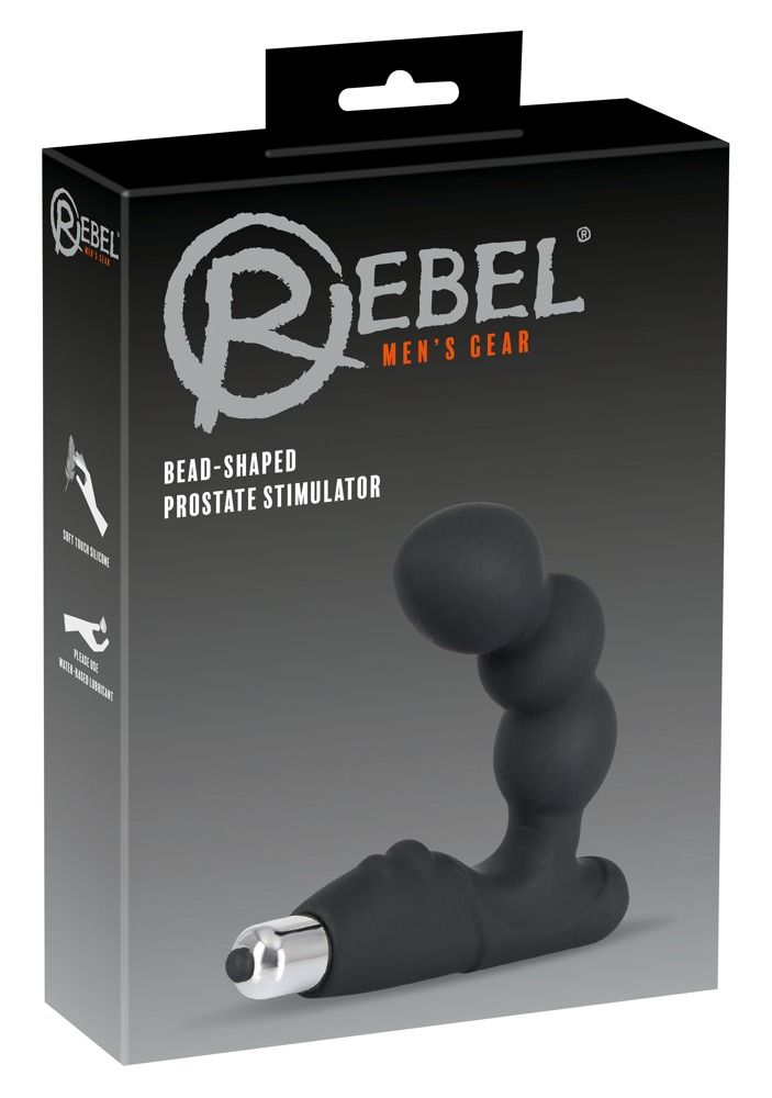 Schwarze Produktverpackung mit Produktabbildung. Marke: Rebel. Text: Bead-shaped Prostate Stimulator.