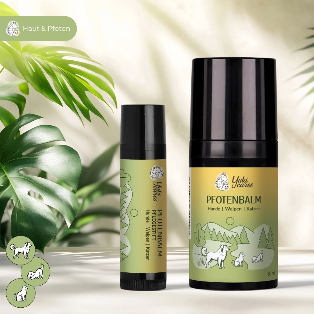 Zwei Flaschen Yuki cares Pfotenbalsam. Eine große und eine kleine Flasche mit schwarzem Deckel und grüner Beschriftung. Hunde- und Katzenabbildungen.