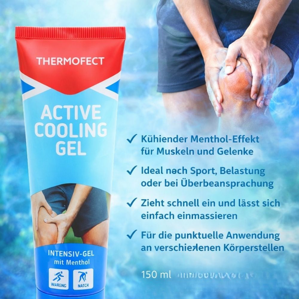 Blau-weiße Tube mit rotem Deckel. Aufschrift: THERMOFECT, ACTIVE COOLING GEL. Text: Kühlender Menthol-Effekt. 150 ml.
