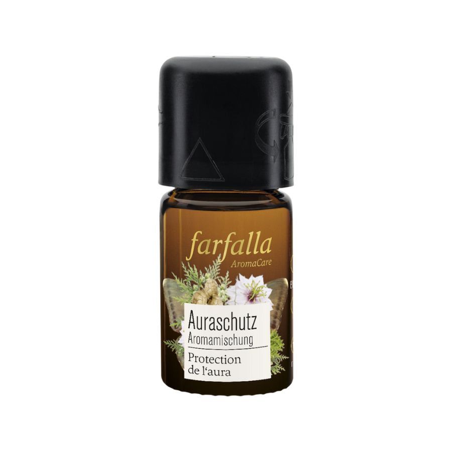 Braune Glasflasche mit schwarzem Deckel. Aufschrift: farfalla, Auraschutz Aromamischung, Protection de l'aura.