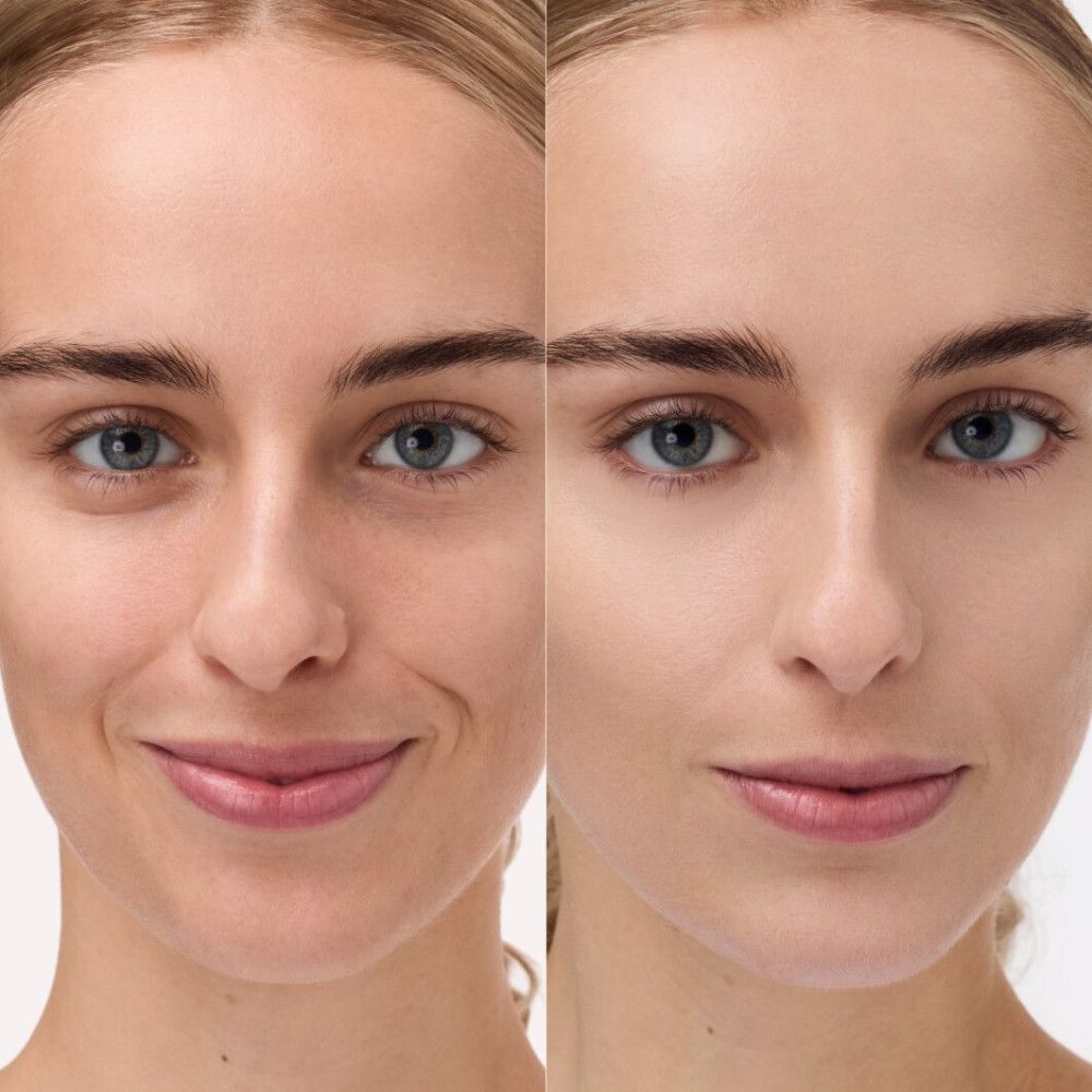Gesicht einer Frau vor und nach der Anwendung von CC Skin Perfector. Haut wirkt ebenmäßiger.