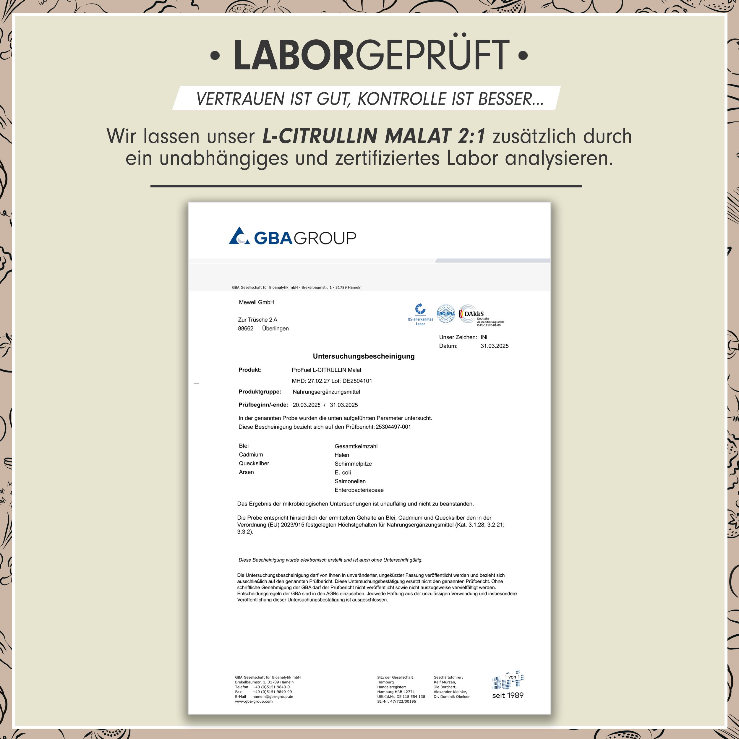 Laborgeprüftes Dokument. Aufschrift: L-Citrullin Malat 2:1. Analysebericht mit Angaben zu Inhaltsstoffen und Ergebnissen. GBA Group Logo.