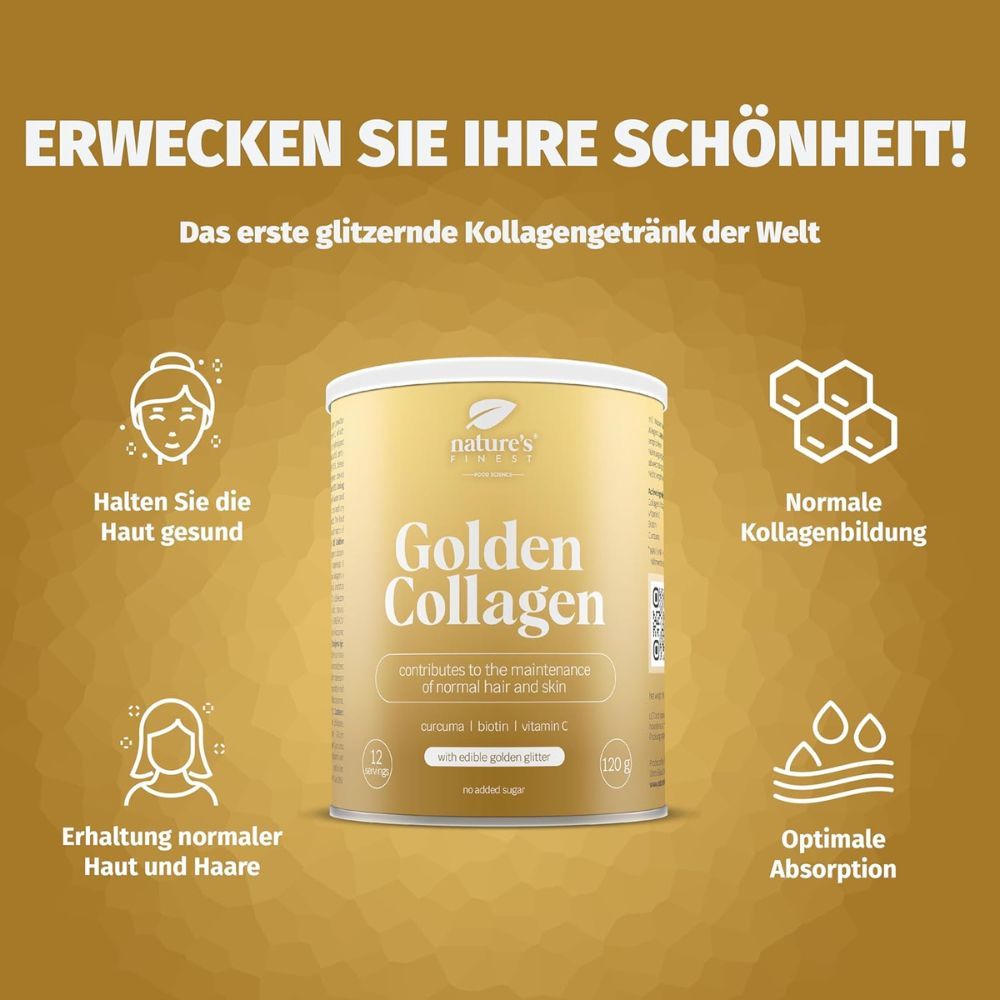 Goldener Collagen-Behälter. Enthält Curcuma, Biotin, Vitamin C. 120g. Abbildungen von Haut, Haaren und Kollagen.