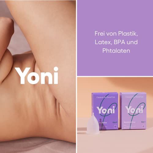 Yoni-Produkt, Menstruationstasse, neben Bein. Text: Frei von Plastik, Latex, BPA und Phthalaten. Zwei Verpackungen.