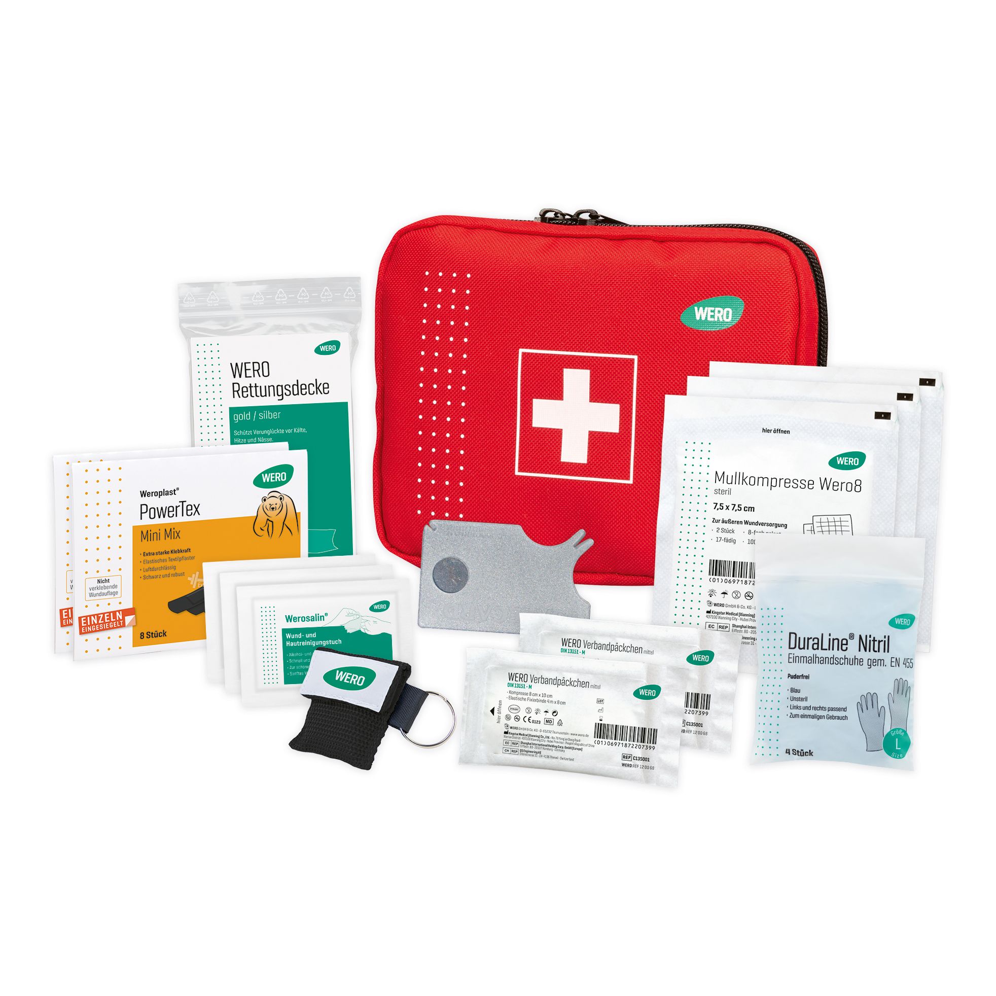 Rote Erste-Hilfe-Tasche mit weißem Kreuz. Enthält Verbandsmaterial, Rettungsdecke, Handschuhe und weitere medizinische Artikel. Marke WERO.