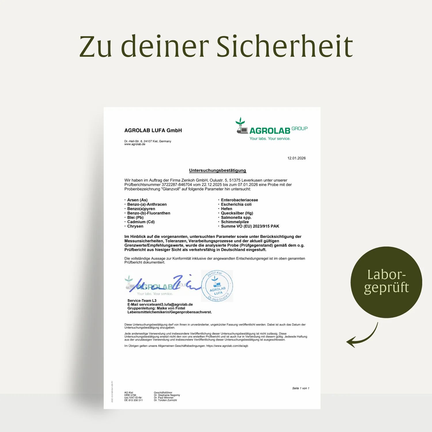Prüfbericht von Agrolab mit Testergebnissen für verschiedene Parameter, datiert 10.12.2020.