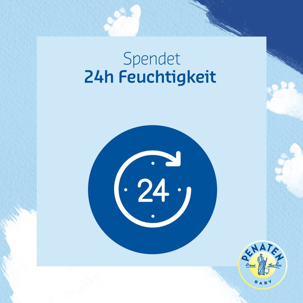 PENATEN® BABY Intensiv-Cremebad. Blaue Flasche mit Zubehör. Produktname und Logo sichtbar.