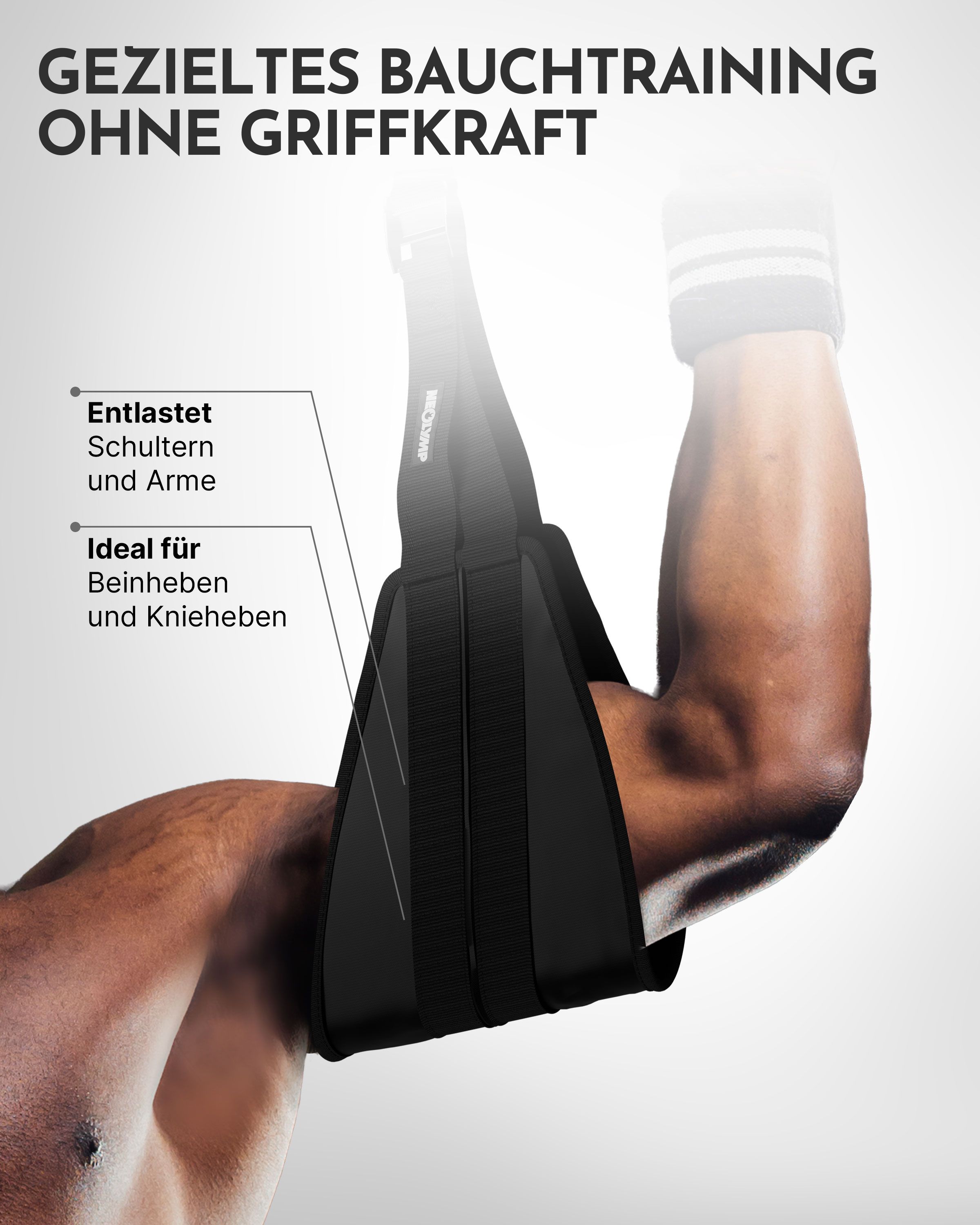 Arm eines Mannes mit NEOLYMP Bauchmuskelschlaufen. Entlastet Schultern und Arme. Ideal für Beinheben.