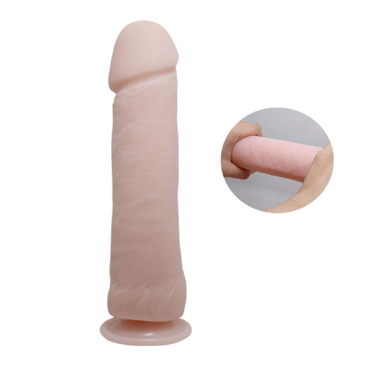 Beigefarbener Vibrator mit Basis, Schaft und Kopf. Inset: Hand hält Vibrator.