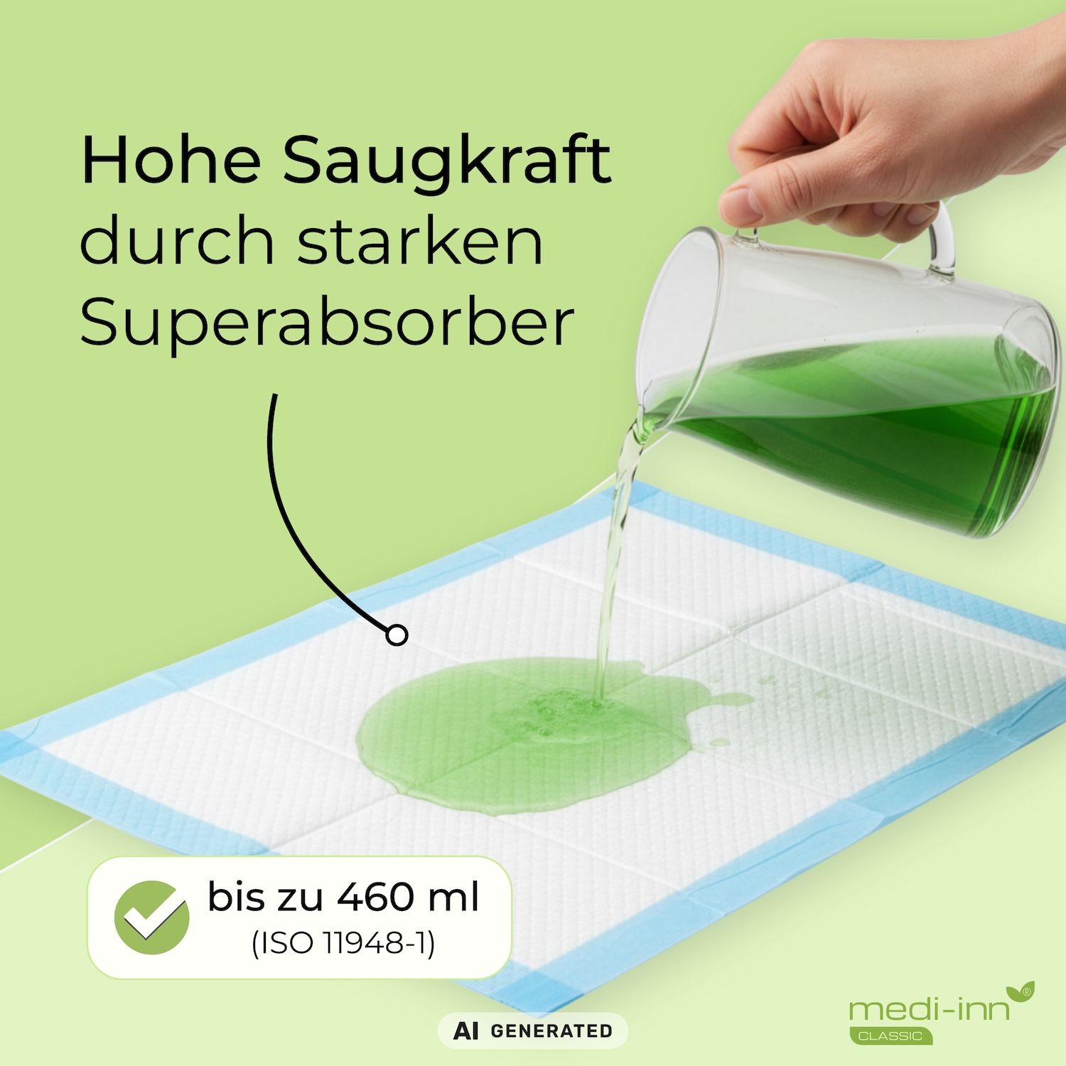 Weiße saugfähige Unterlage mit blauen Rändern, Flüssigkeit wird darauf gegossen. Bis zu 460 ml Kapazität.