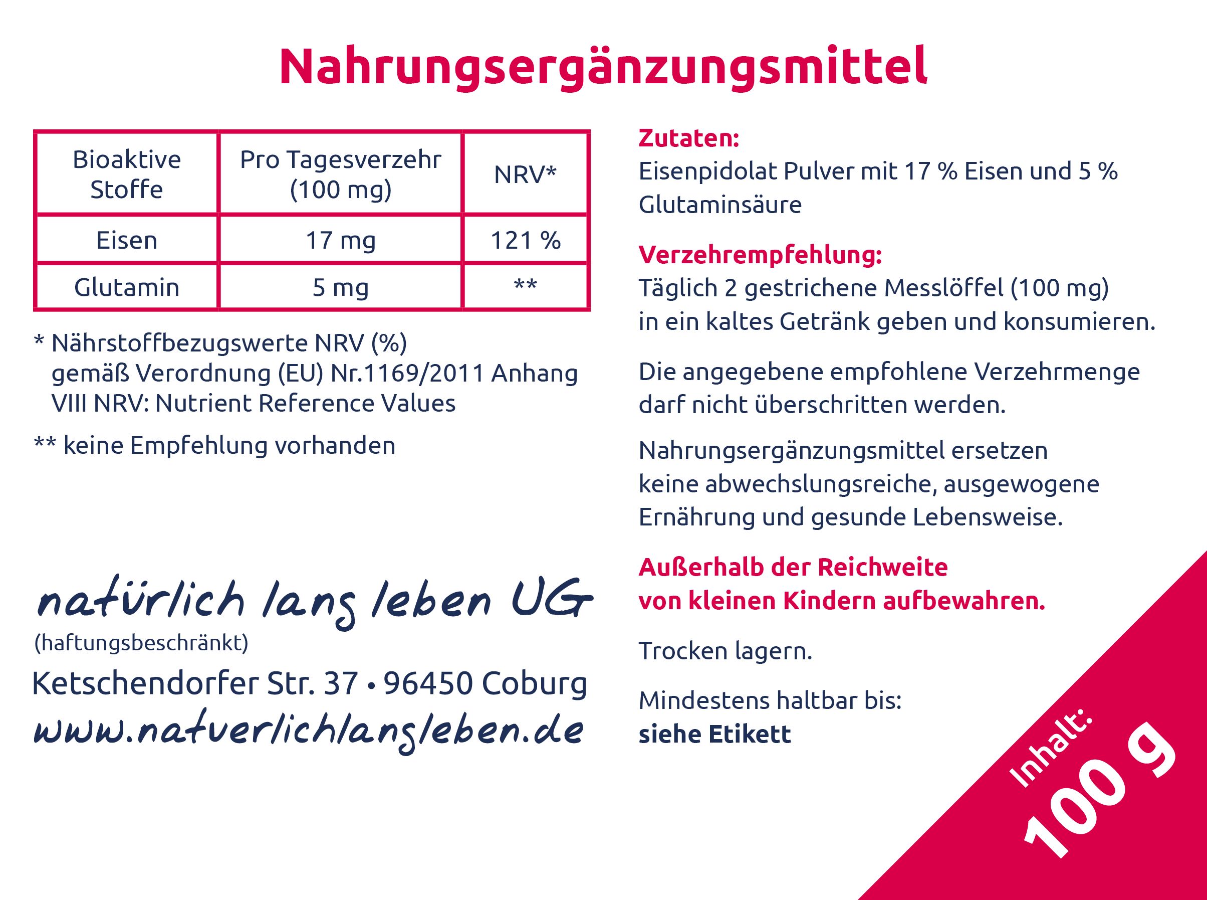 natürlich lang leben Eisenpidolat Pulver