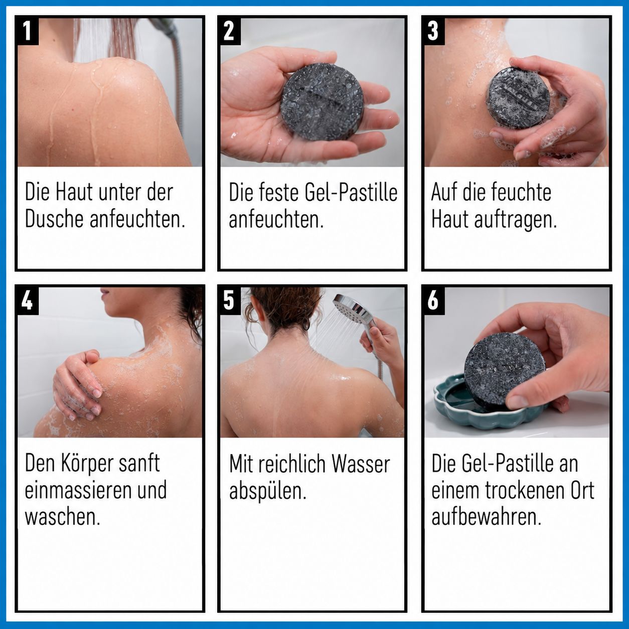 Feste Duschgel-Pastille mit Aktivkohle von Valquer in der Hand.