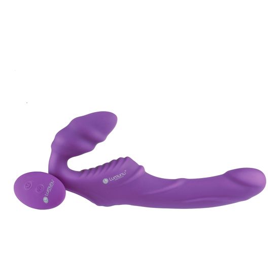 Lila Vibrator mit Fernbedienung. Das Produkt liegt auf einer Oberfläche. Das Logo ist auf dem Vibrator zu sehen.