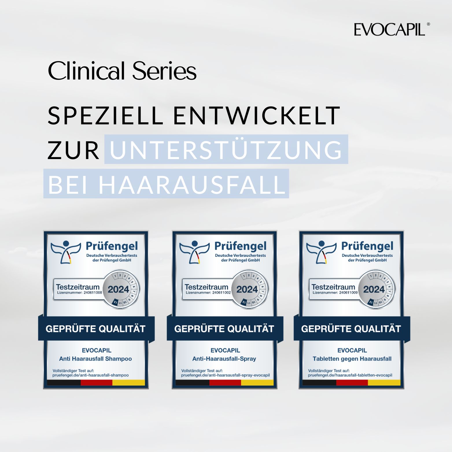 Evocapil Clinical Series: Speziell entwickelt zur Unterstützung bei Haarausfall. Geprüfte Qualität mit drei Siegeln.