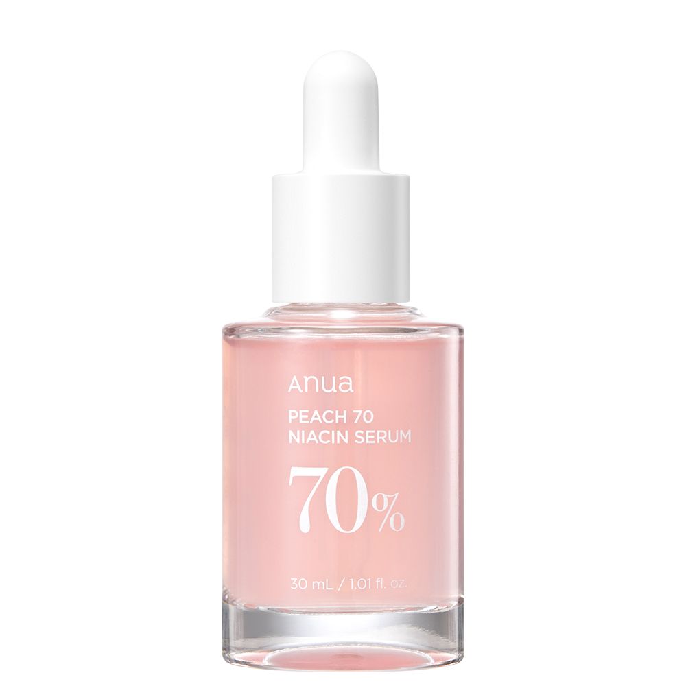 Anua Peach 70 Niacin Serum in Glasflasche mit Pipettenverschluss.