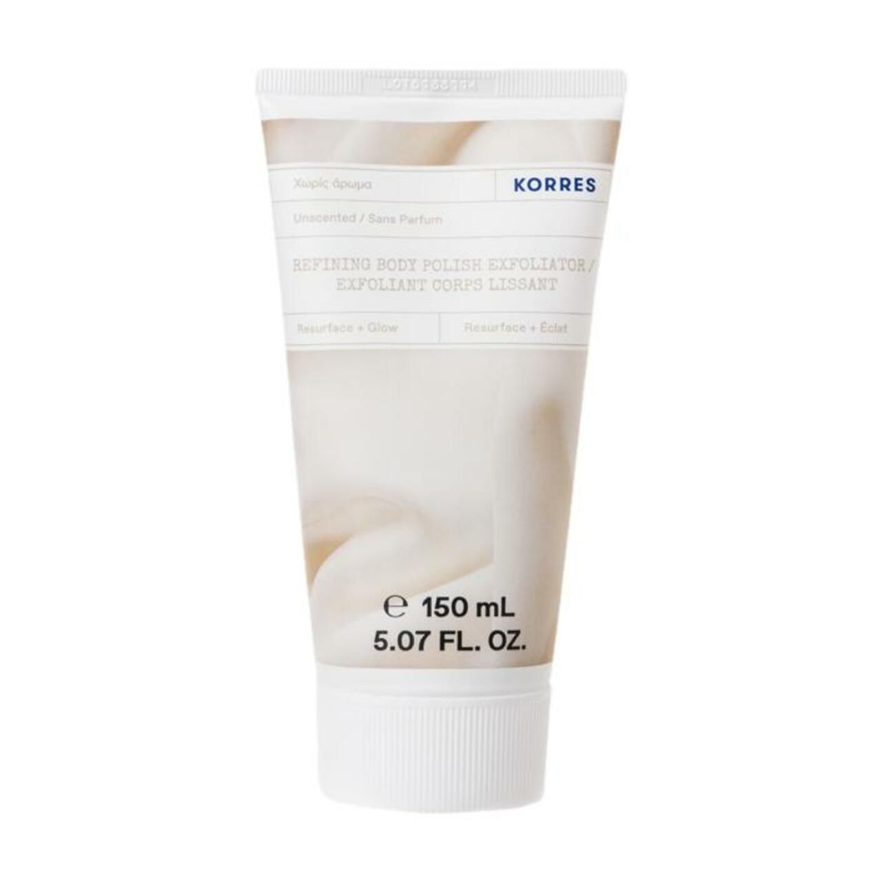 Korres Körperpeeling-Tube. Weiß und beige. Text: „Refining Body Polish“. Volumen: 150 ml. Unparfümiert. Marke Korres.