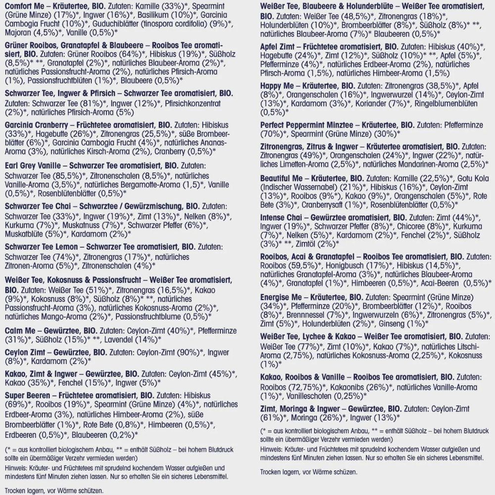 Text mit Zutatenlisten für verschiedene Teesorten. Marke: English Tea Shop. Auflistung der Inhaltsstoffe. Informationen in deutscher Sprache.