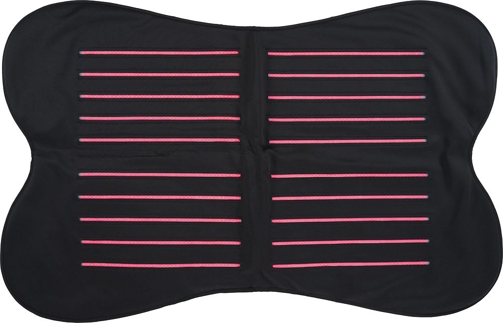 Schwarzes Pad mit rosa LED-Lichtern. Knochenförmig. Reihen von LED-Lichtern sind sichtbar.