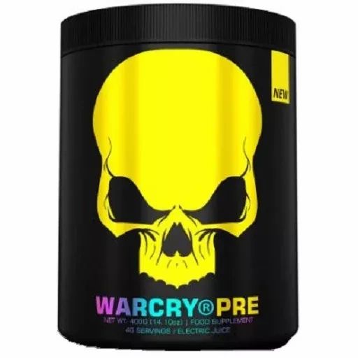 Schwarze Dose mit gelbem Totenkopf-Design. Aufschrift WARCRY® PRE, 400g, 40 Portionen. Gelbes 'NEW' Etikett.