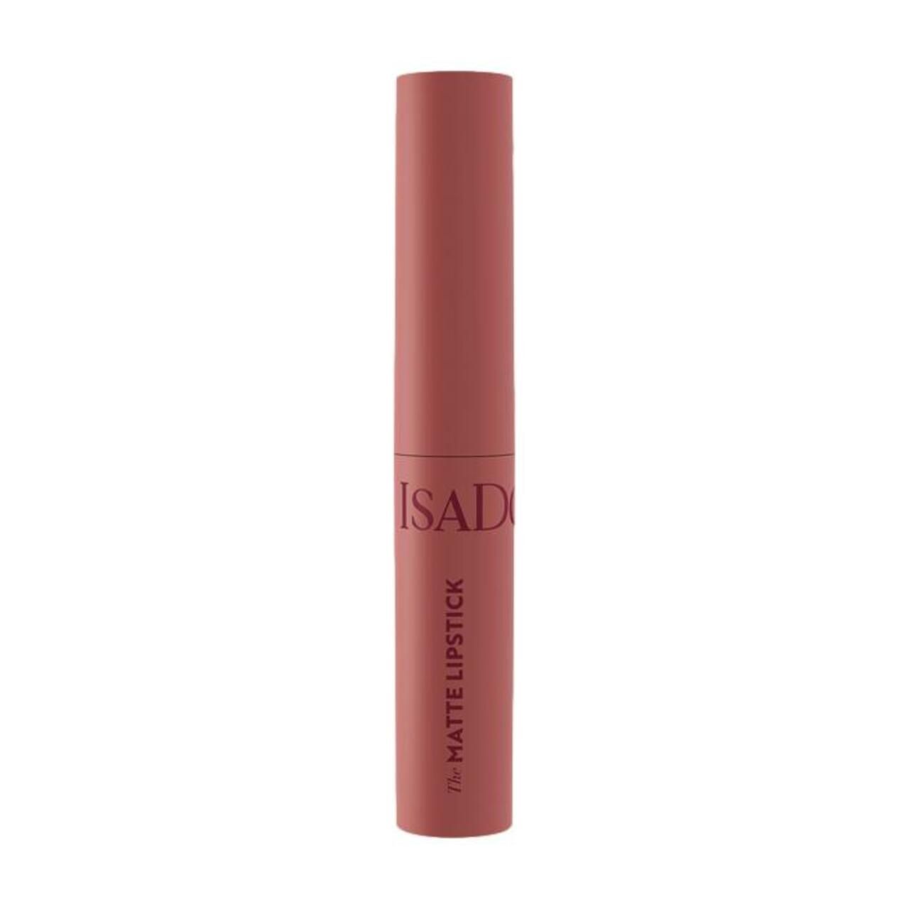 Geschlossener Lippenstift, Marke IsaDora. Rosa Lippenstiftstift mit rosafarbener Hülse. Aufschrift: The Matte Lipstick.