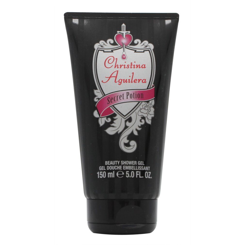 Schwarze Tube mit Christina Aguilera Secret Potion Duschgel, 150 ml.