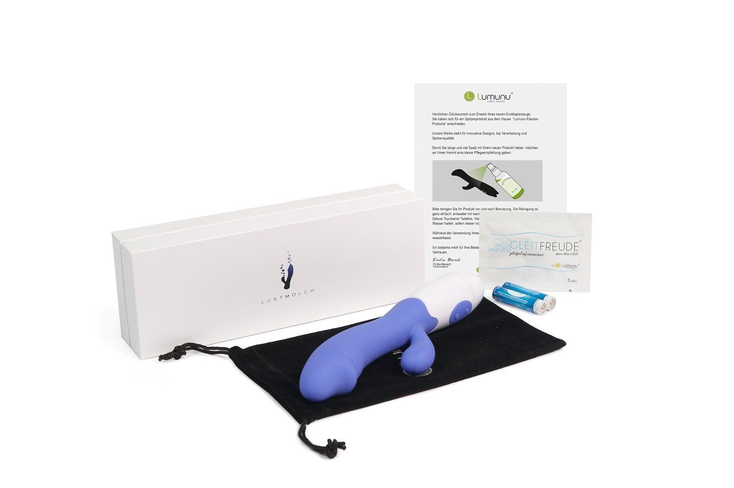 Produktverpackung mit Penisvibrator, Beutel, Batterien, Anleitungen und Feuchttüchern.