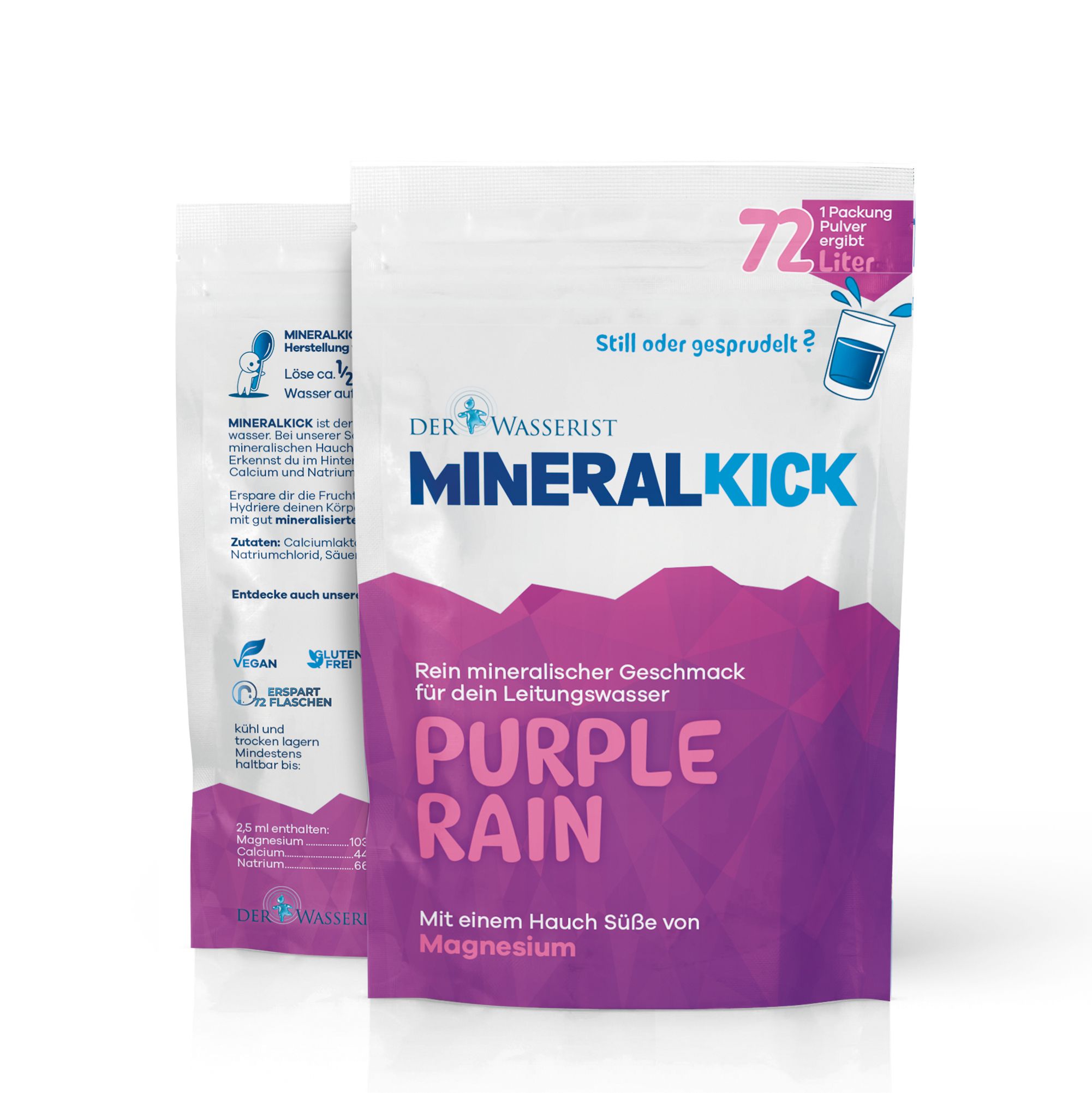 Zwei Beutel Der Wasserist MineralKICK PURPLE RAIN. Weißes Beutel mit lila Schriftzug. Vegan-Siegel.