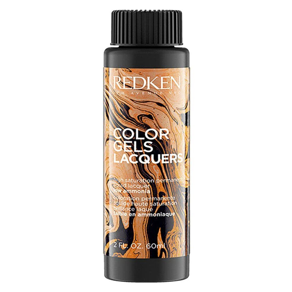 Eine Flasche mit schwarzem Deckel. Aufschrift: COLOR GELS LACQUERS. Farbige Flüssigkeit. Marke: REDKEN.