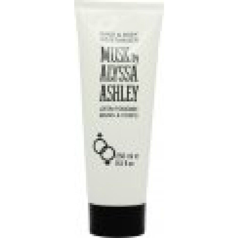 Weißer Tubenbehälter mit schwarzem Deckel. Aufschrift: Musk by Alyssa Ashley, Lotion hydratante mains & corps. 250 ml.