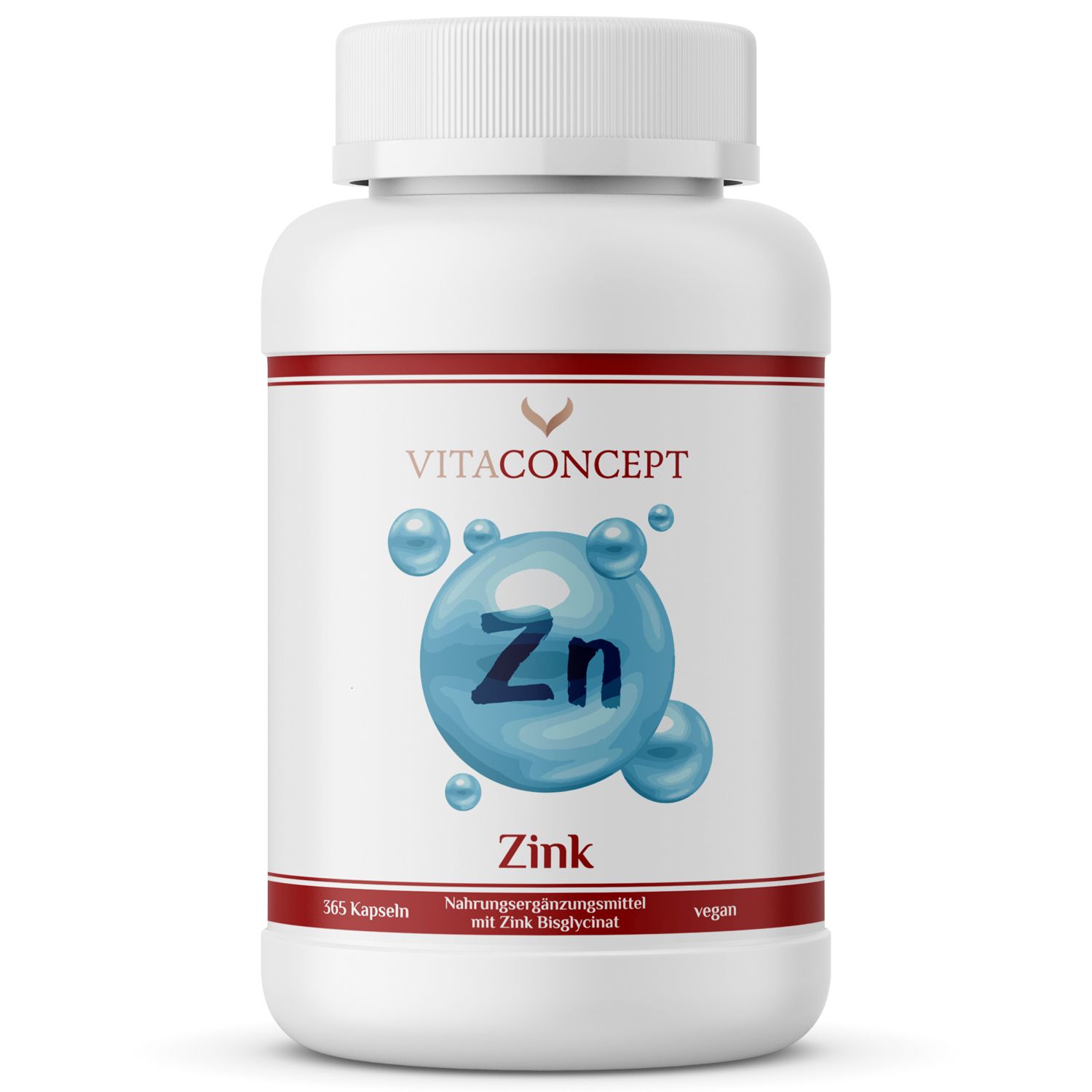 Weiße Flasche mit roter Schrift. Aufschrift: VITACONCEPT Zink. Blaue Zink-Grafik. 565 Kapseln. Vegan.