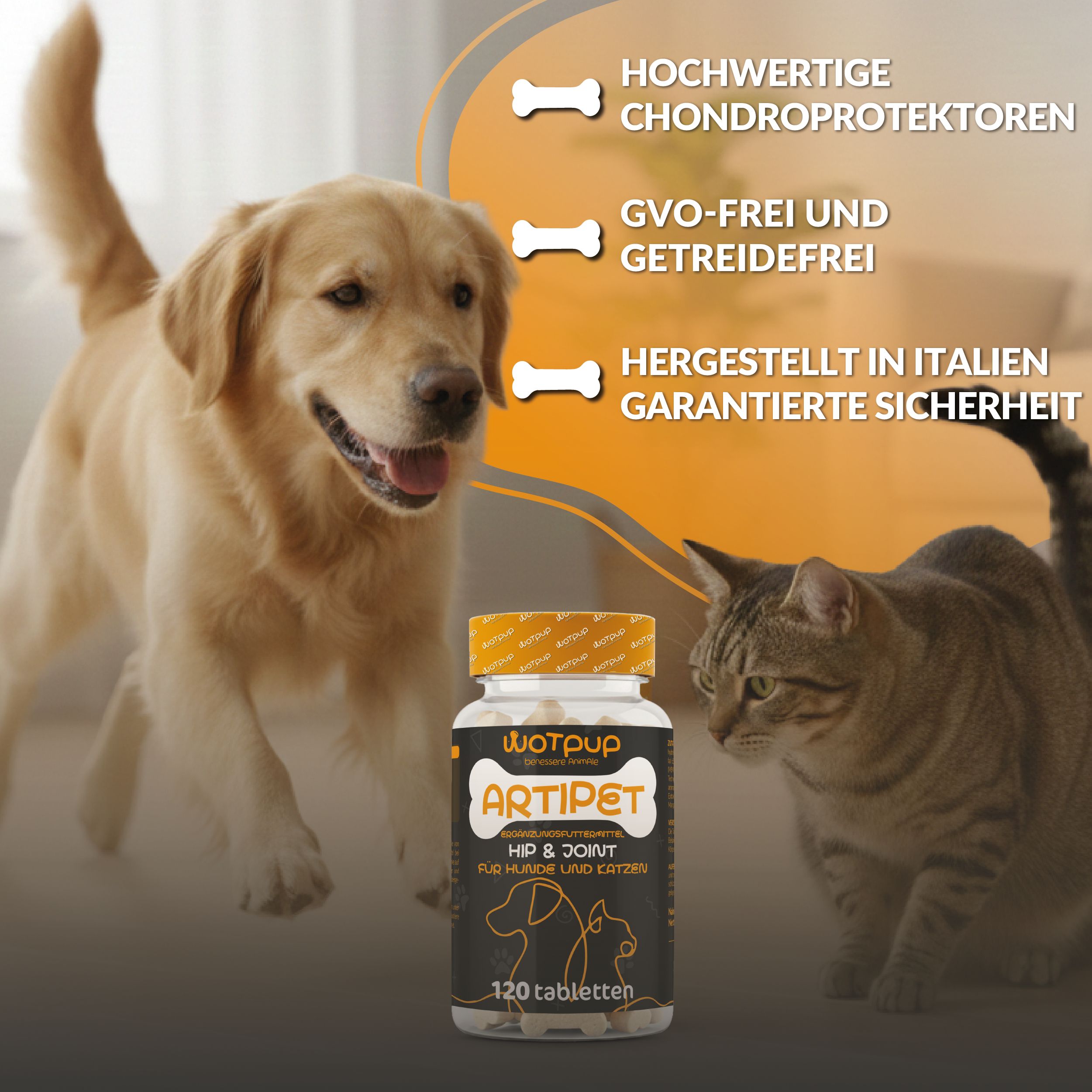 Produktflasche neben Hund und Katze. Text: Artipet, Hip & Joint. Hergestellt in Italien. 120 Tabletten.