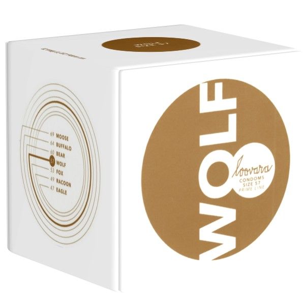 Weiße Würfelbox. Aufdruck: WOLF, Loovara, Condom Size 57, Prime Line. Mit Größenangaben.