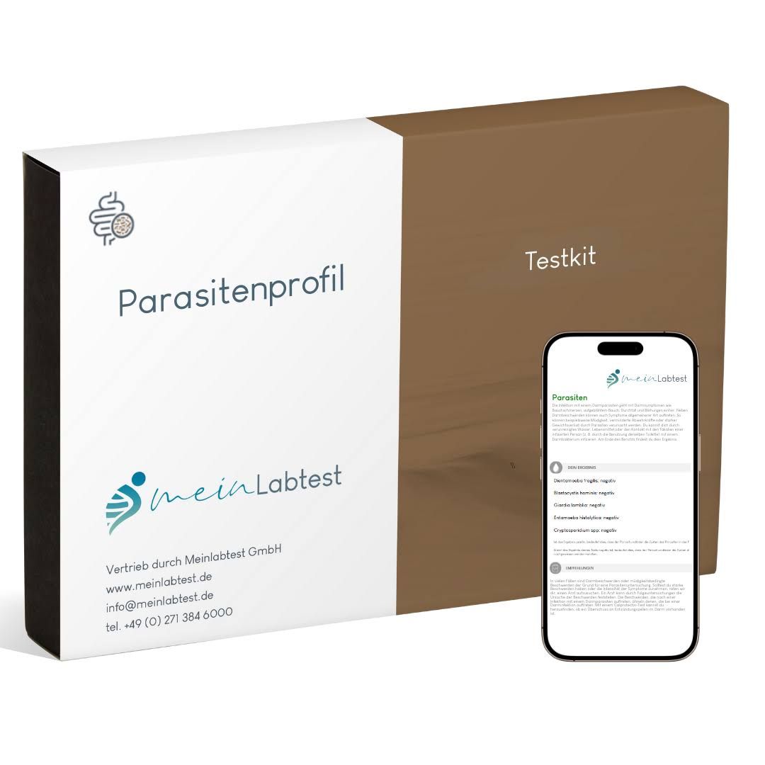 Schachtel mit "Parasitenprofil" und "Testkit" Aufschrift. Logo von meinLabtest. Smartphone mit Testergebnis.