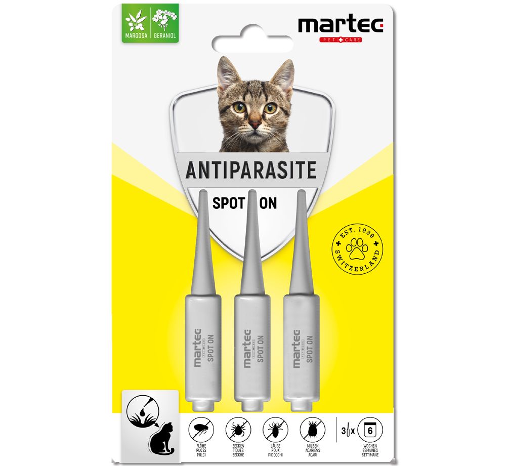 Verpackung mit drei Spot-On-Pipetten. Aufschrift: Antiparasit, Spot On. Logo: Katze, Pfote, Schweiz.
