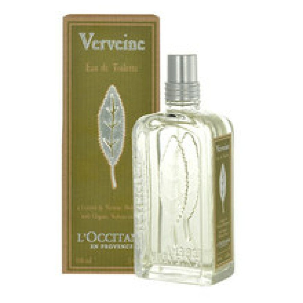 Flakon und Verpackung von L'Occitane Verveine Eau de Toilette. Flakon mit silbernem Verschluss, grüne Verpackung mit Blattmotiv.