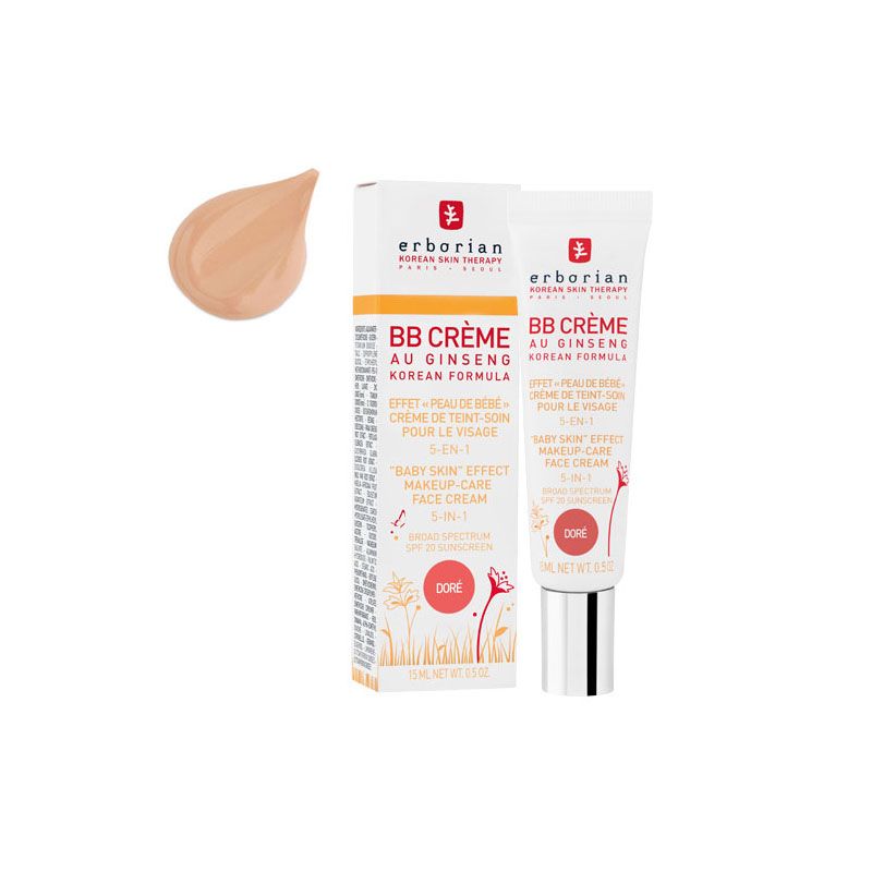 BB Crème au Ginseng Doré, Tube und Farbmuster. Marke: Erborian. Text: Baby Skin Effect, 5-in-1, SPF 20.