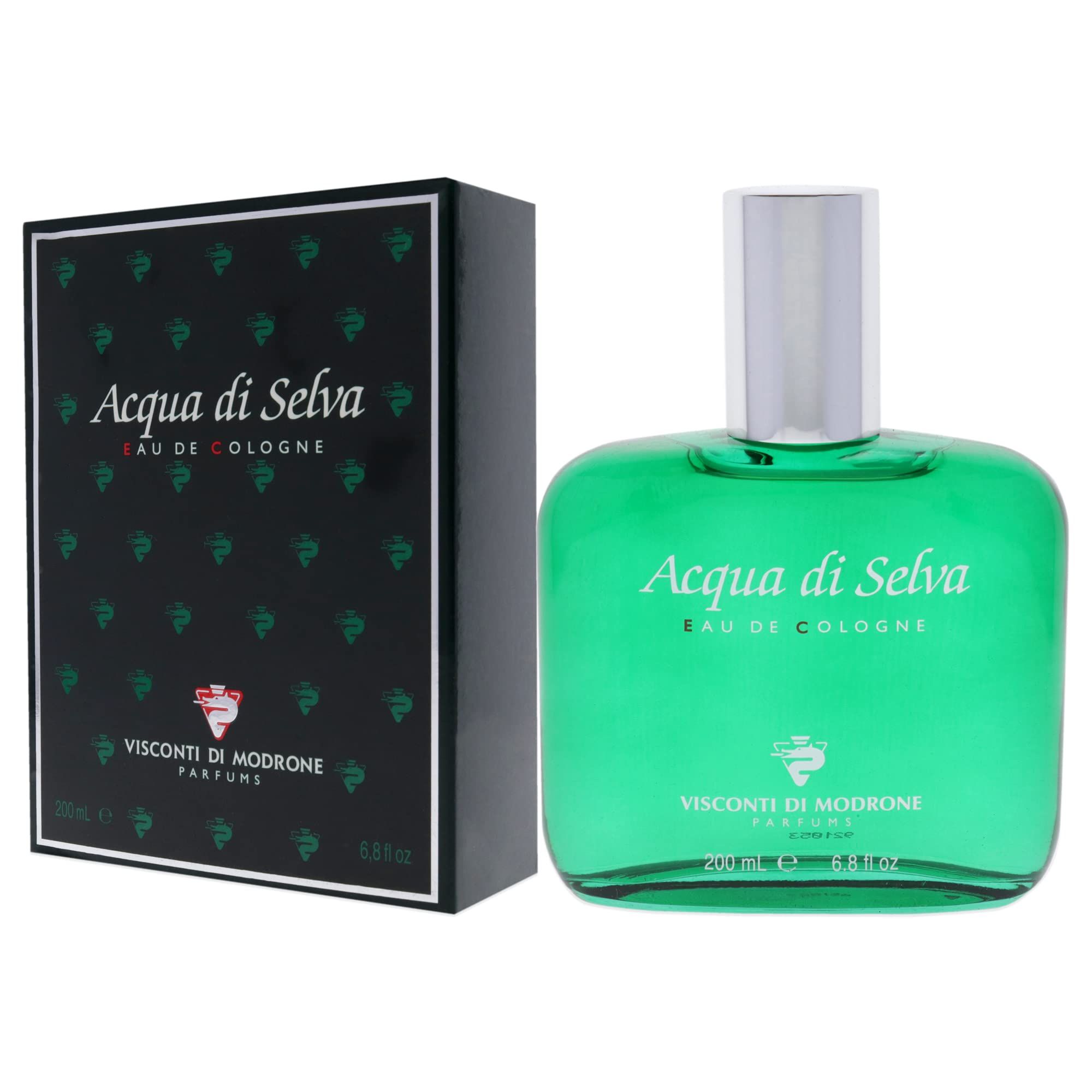 Grüne Glasflasche und Schachtel. Aufschrift: Acqua di Selva Eau de Cologne. Marke: Visconti di Modrone. Schwarze Verpackung mit Muster.