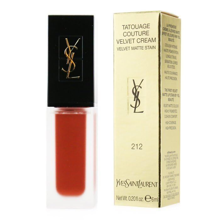 Yves Saint Laurent Tatouage Couture Velvet Cream 212. Lippenstift und goldfarbene Verpackung. Schwarzer Deckel mit Logo. Farbton 212.