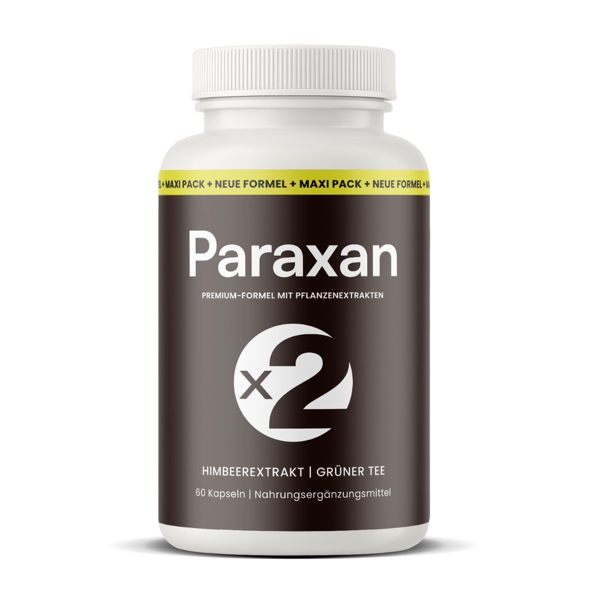 Weiße Flasche mit Kapseln. Aufschrift: Paraxan, X2, Himbeerextrakt | Grüner Tee. Gelber Streifen mit Text.